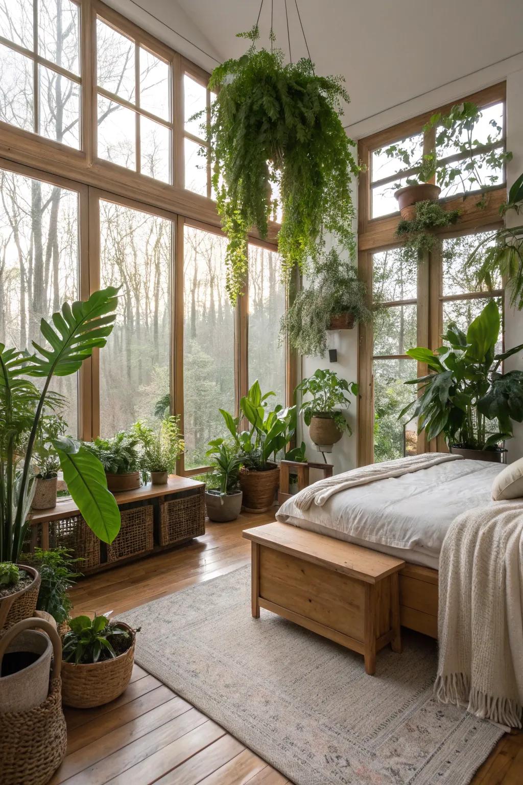 This tranquil bedroom features indoor plants that add a natural element.