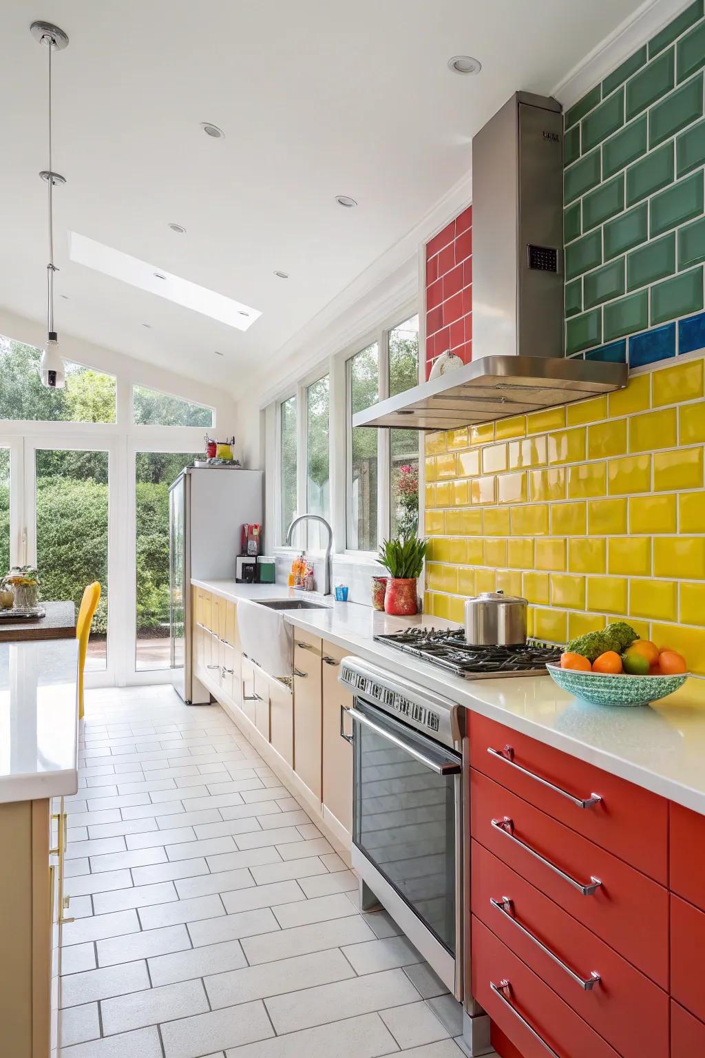 Brightly colored subway tiles give a modern twist to this kitchen.