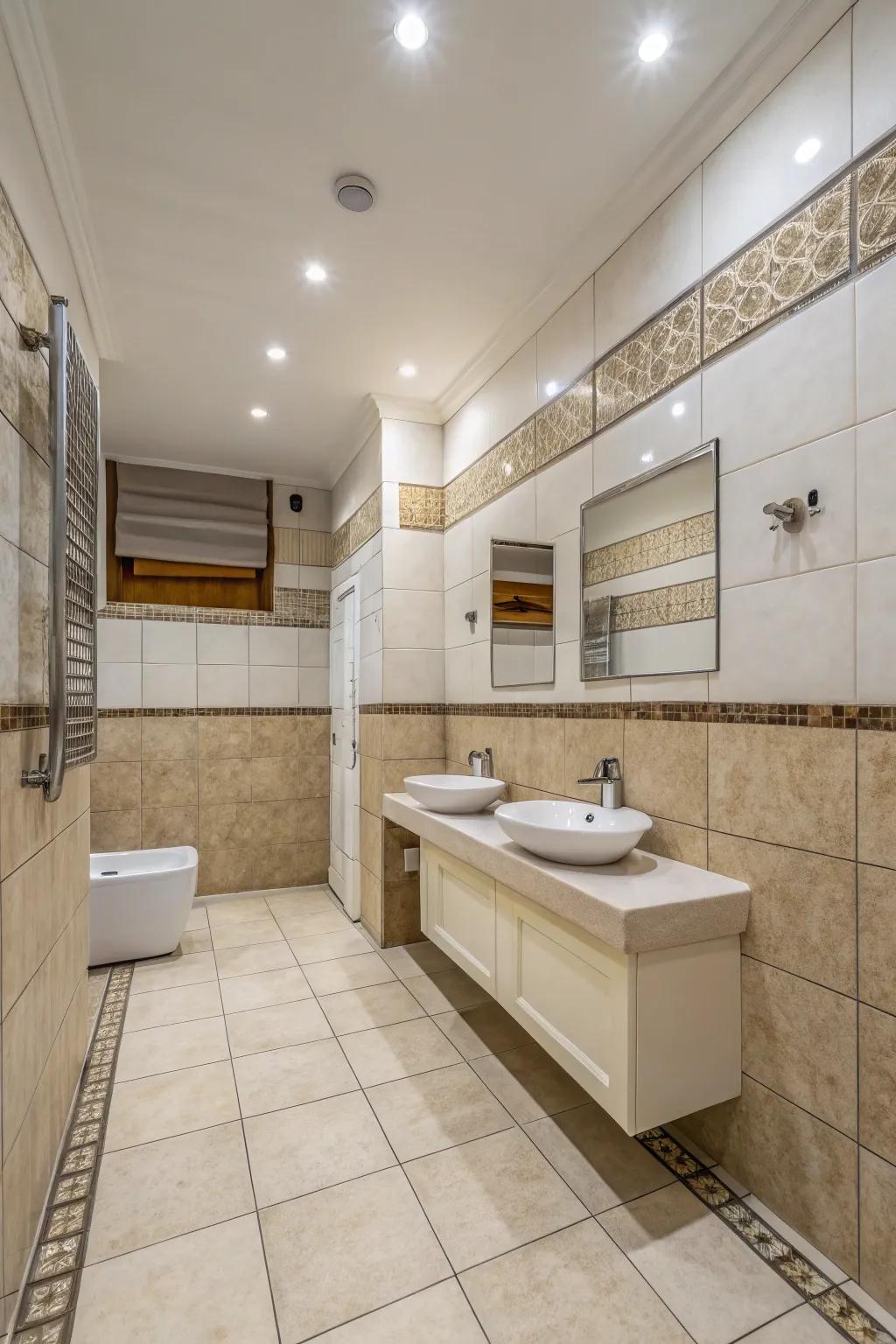 Textured tiles add depth to the neutral bathroom design.