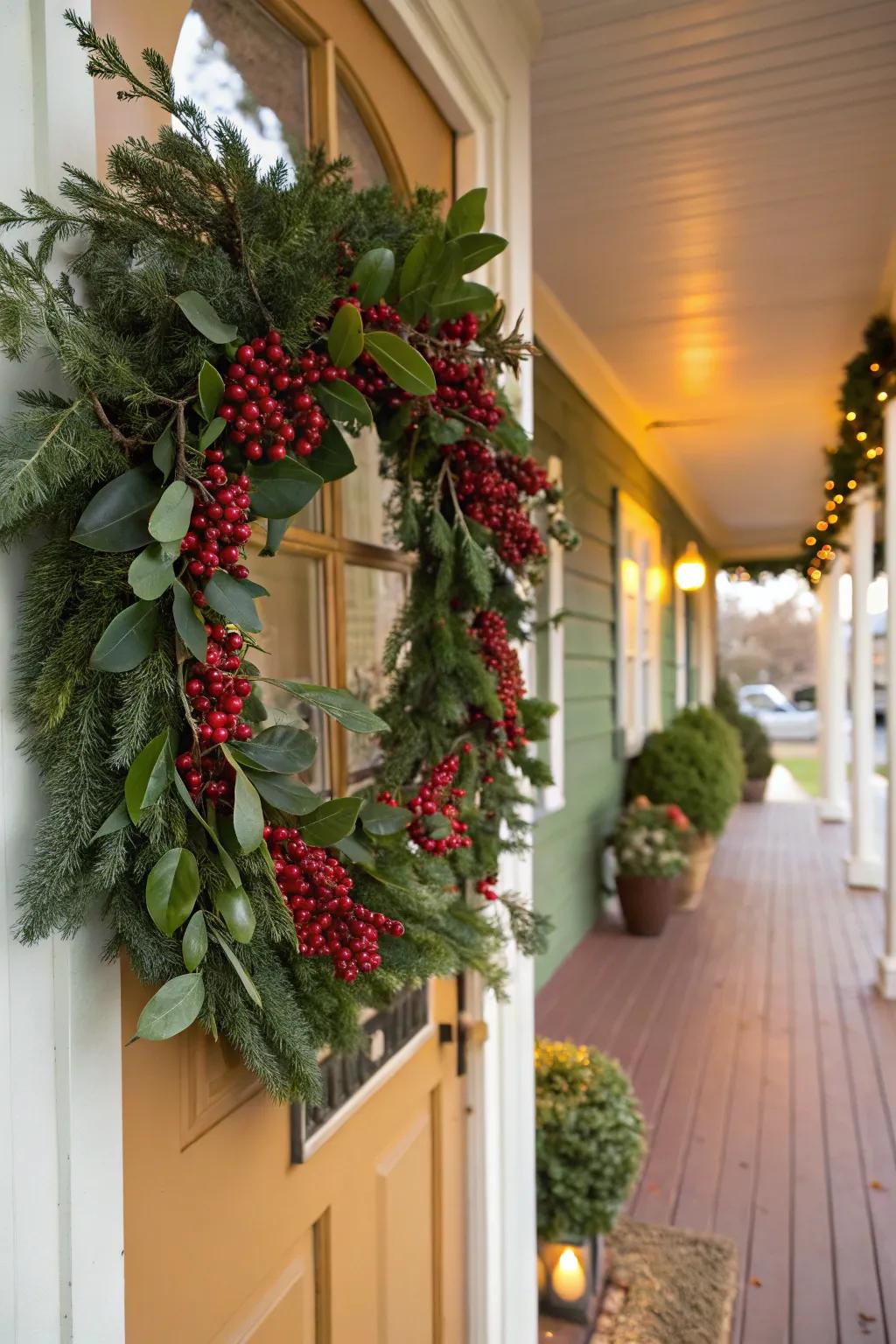 Celebratory chaplets extend a heartwarming greeting to holiday guests.