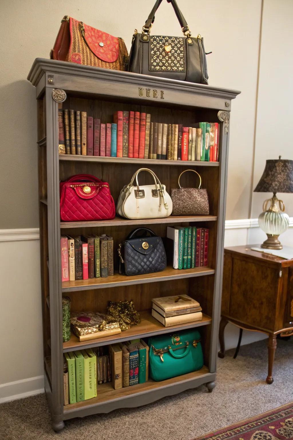 A repurposed bookshelf can be a creative and cost-effective purse organizer.