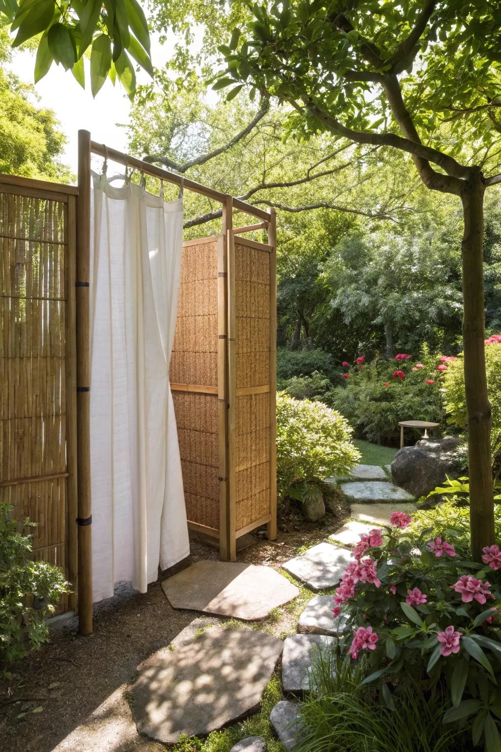 Cane panels create an exotic and textured changing space.