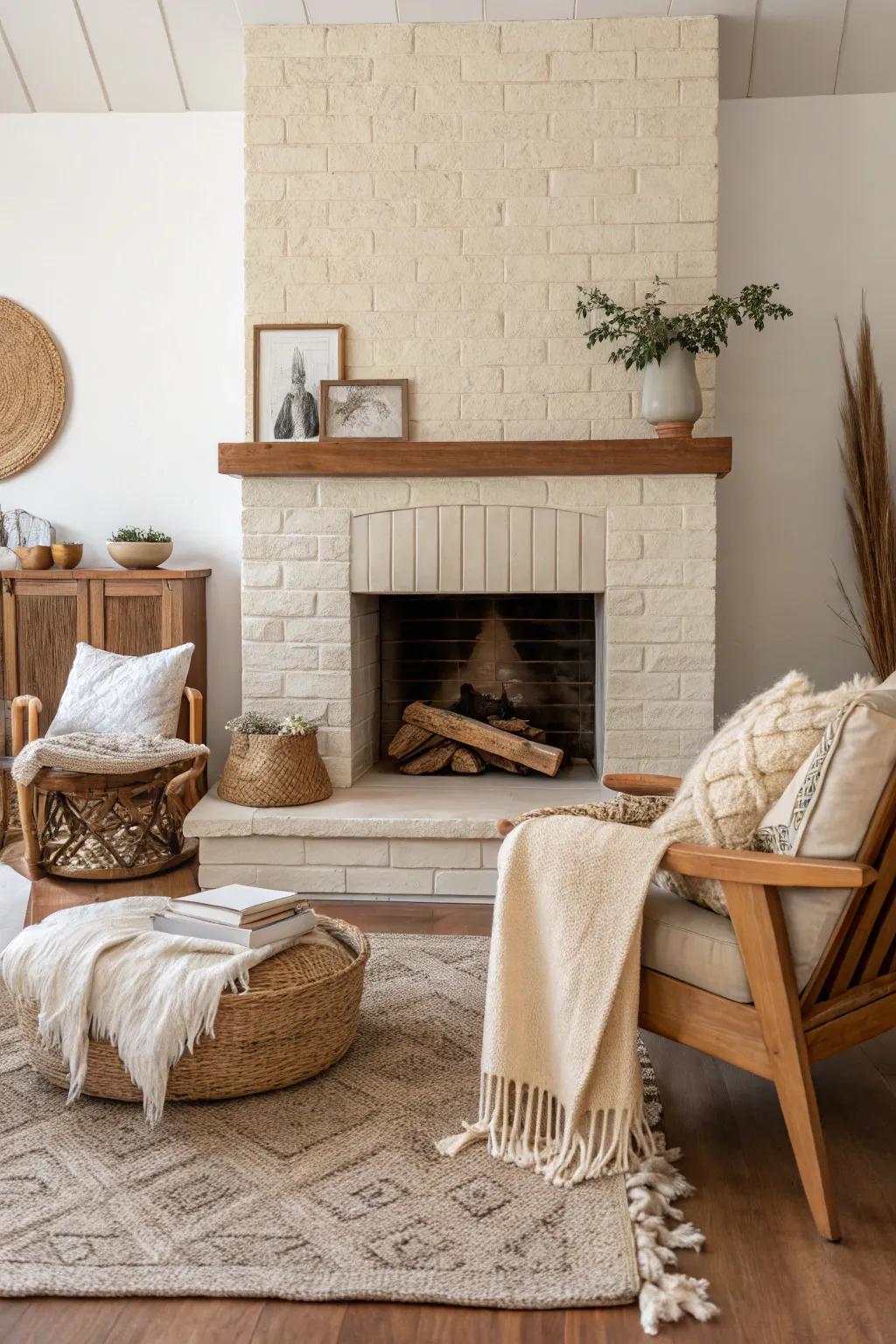 A beige-painted fireplace offers minimalist serenity.