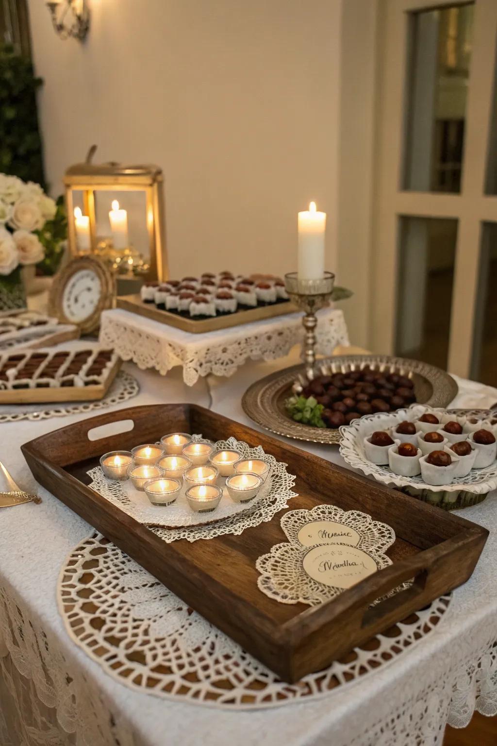 Vintage charm with antique trays and lace doilies.