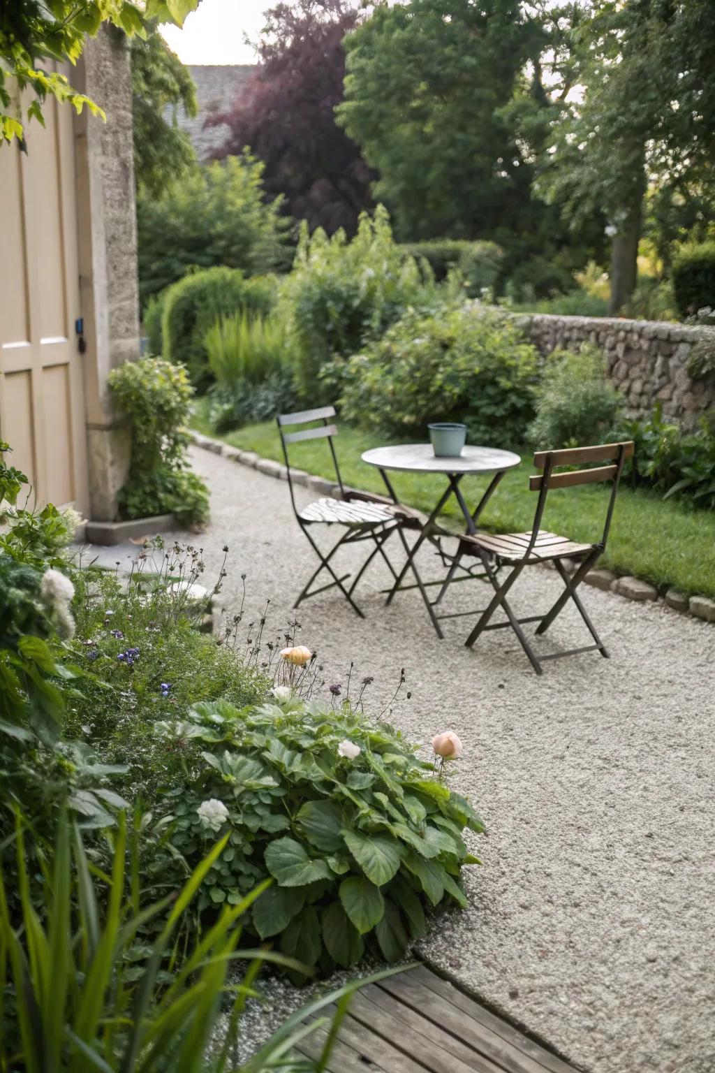 A gravel patio with simple, rustic outdoor seating.