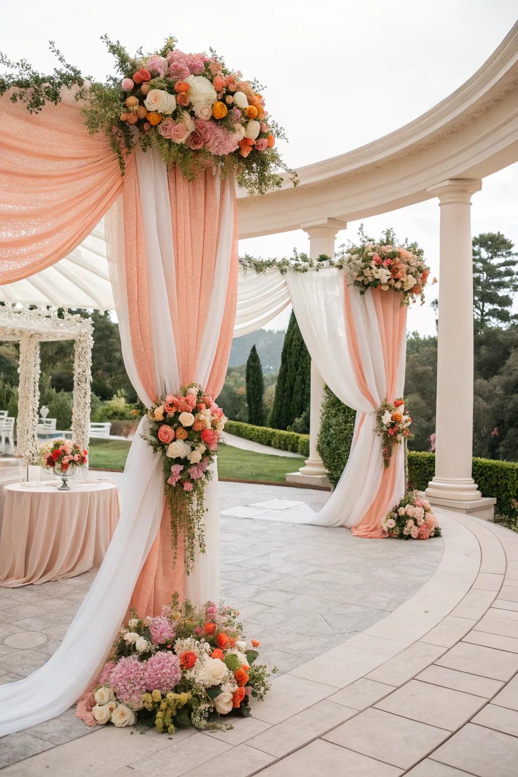 Gentle and sophisticated peach and white hangings for elegant venues.