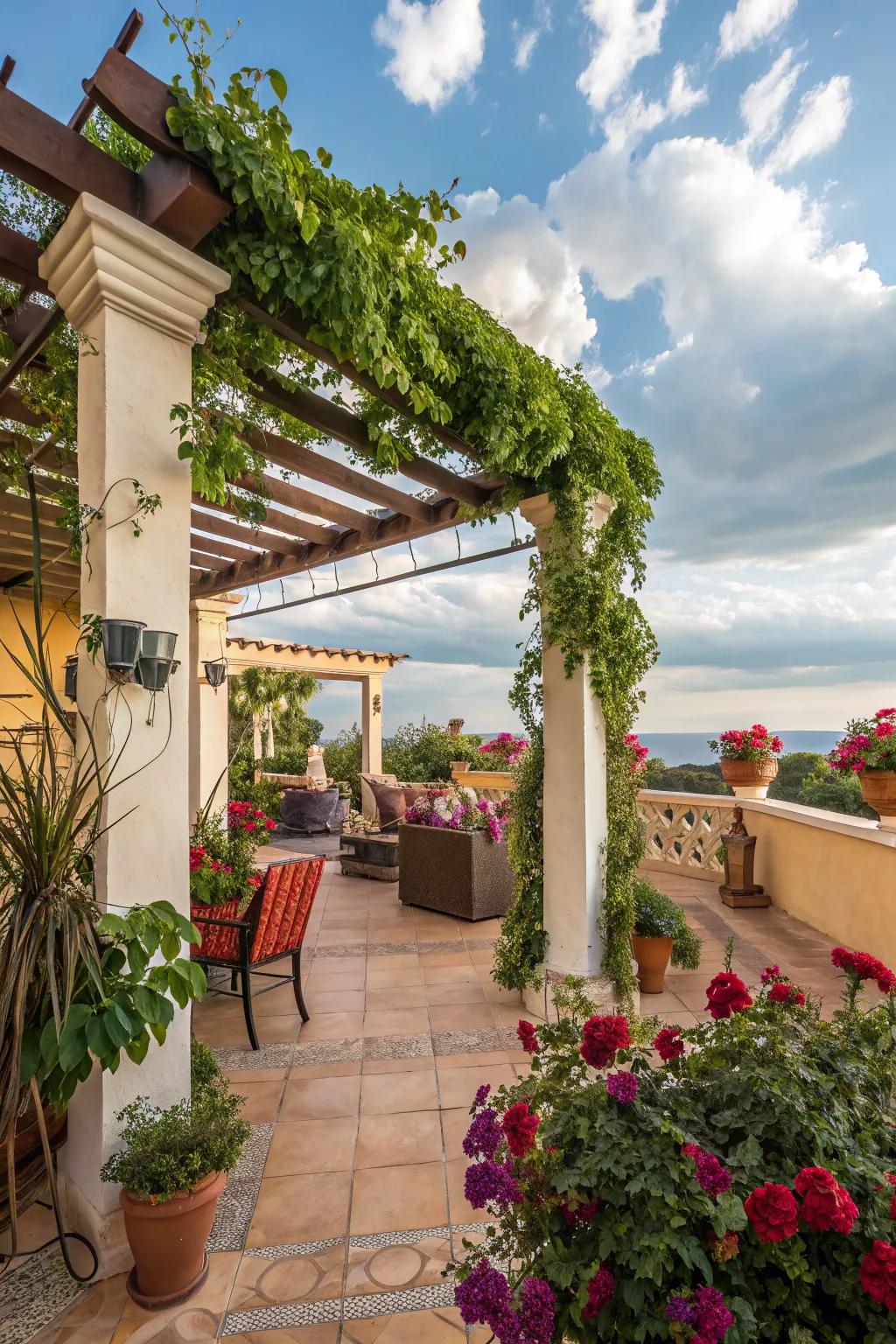 This pergola has an exotic charm because to its Mediterranean-inspired design.