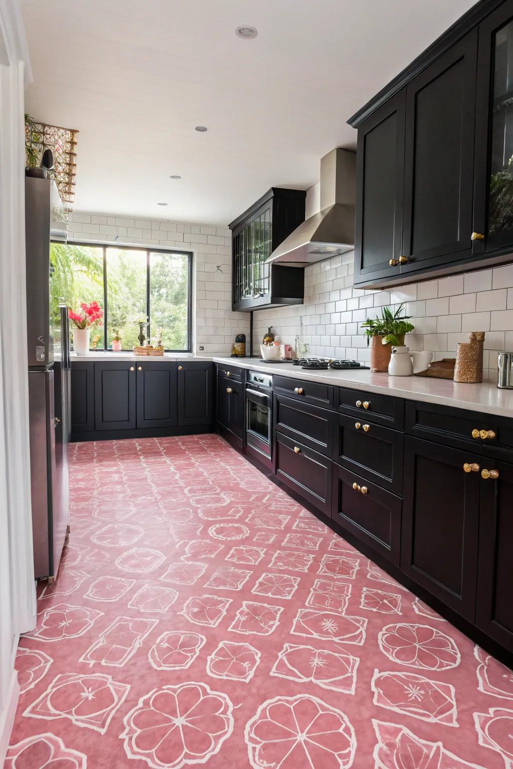 Bold pink flooring injects energy and whimsy into the kitchen space.