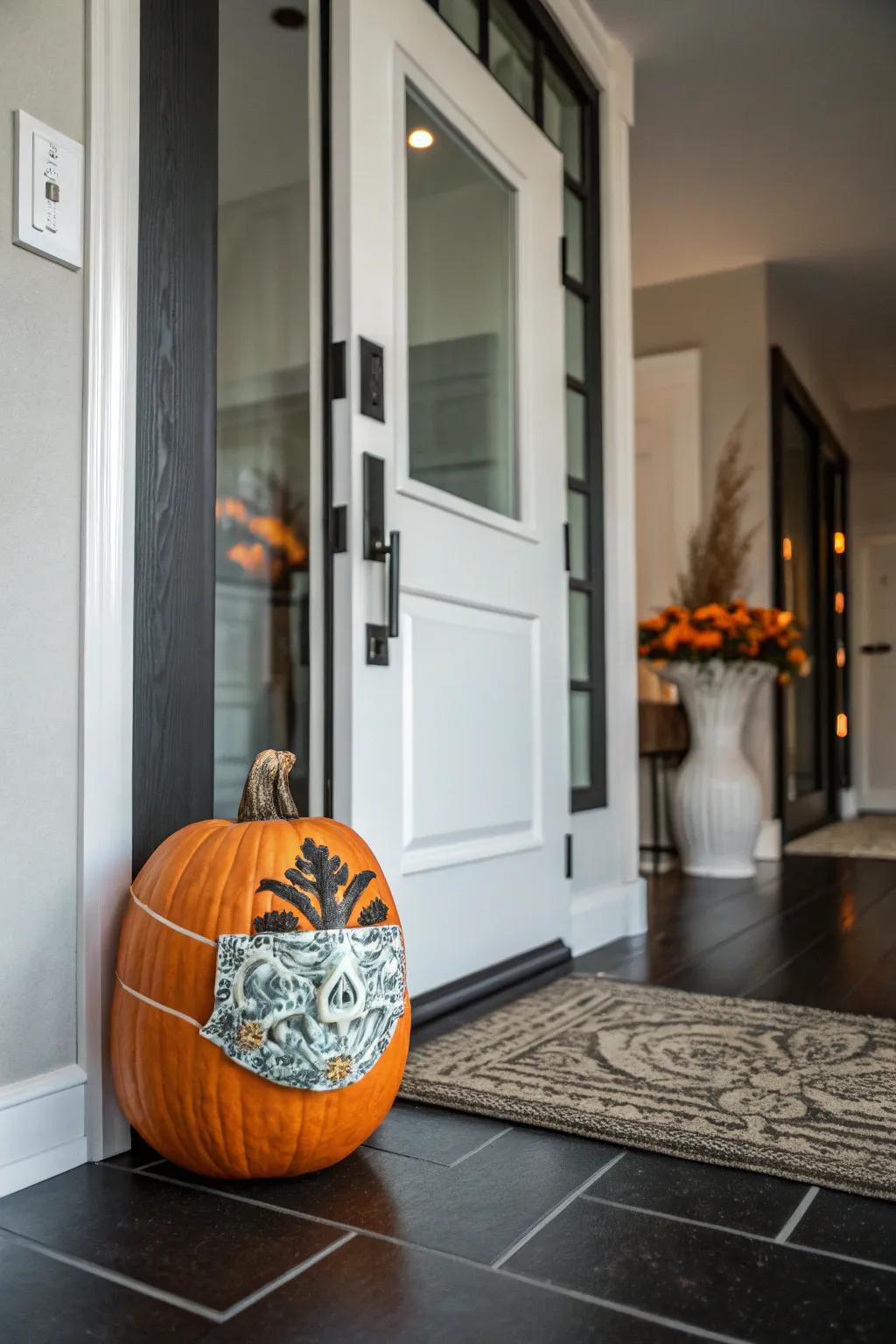 Introduce a hint of mystery to your Halloween setup with these masked pumpkins.