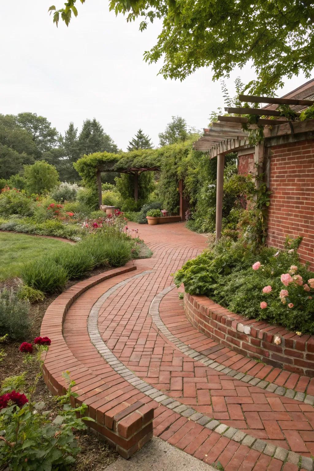 A red brick patio featuring artistic and original pathways