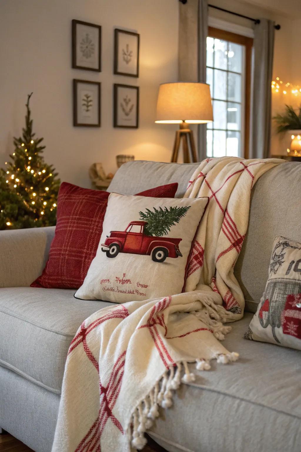 Inviting living room featuring scarlet pickup-themed pillows.