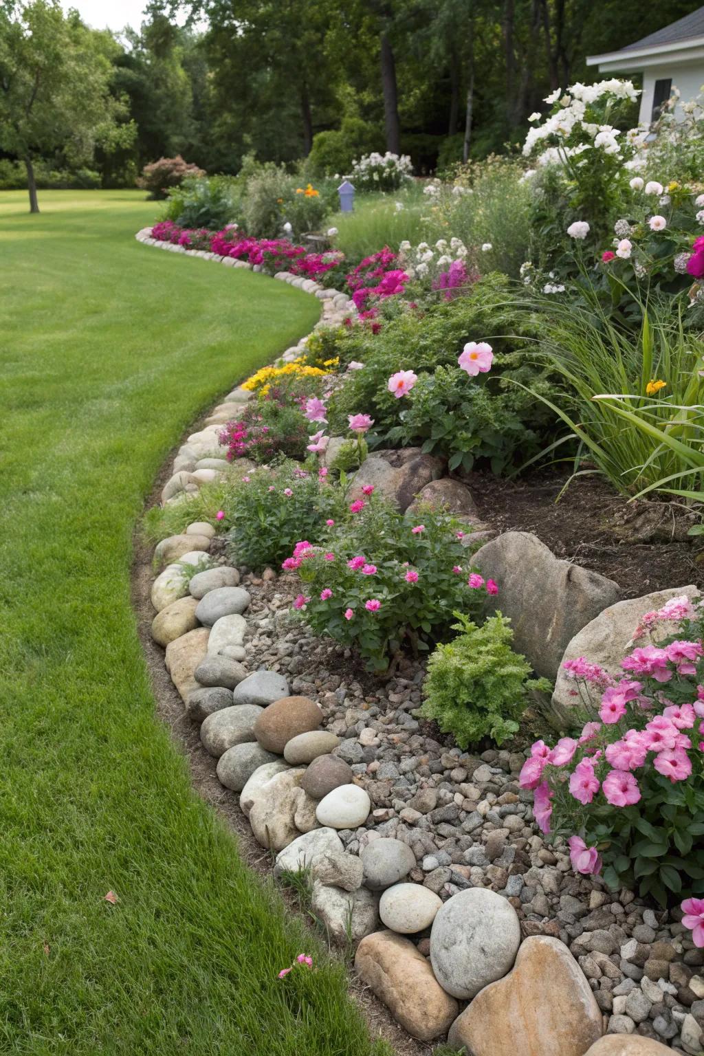 Maintain an orderly garden appearance with river rock borders.