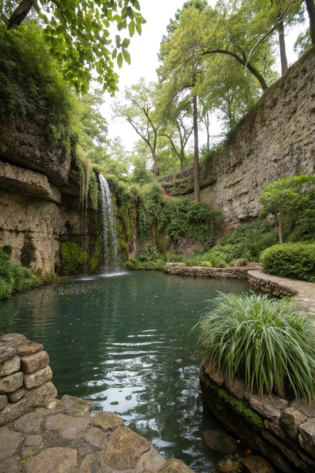 A tranquil water feature enclosed by stone walls adds serenity.