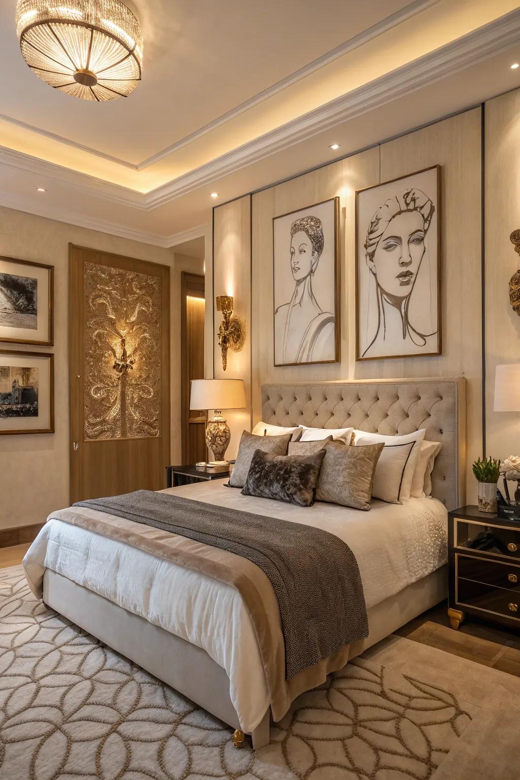 Sculptural artwork adds depth and a touch of sophistication to the room.