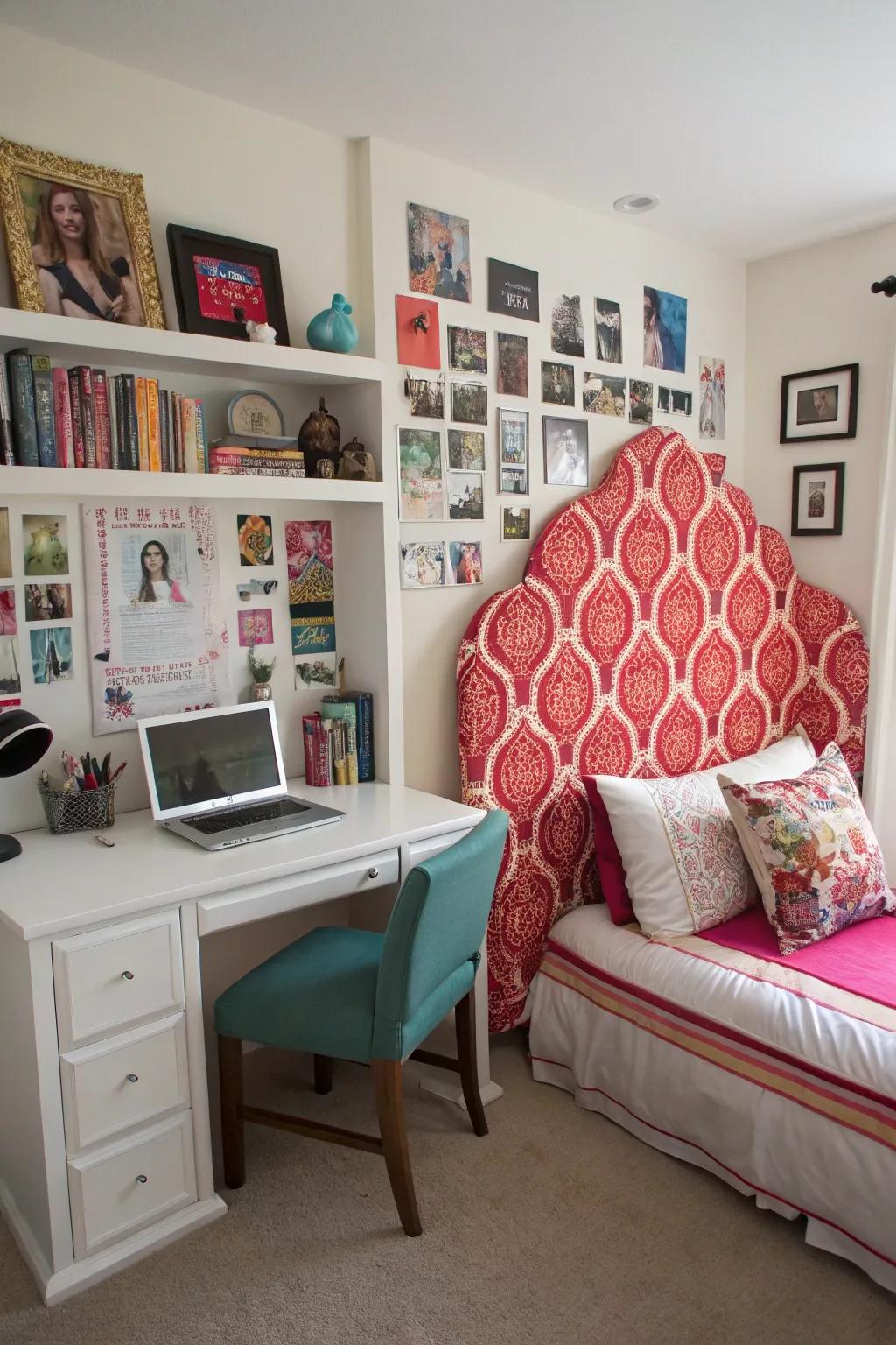 A statement headboard adds flair and character to the room.