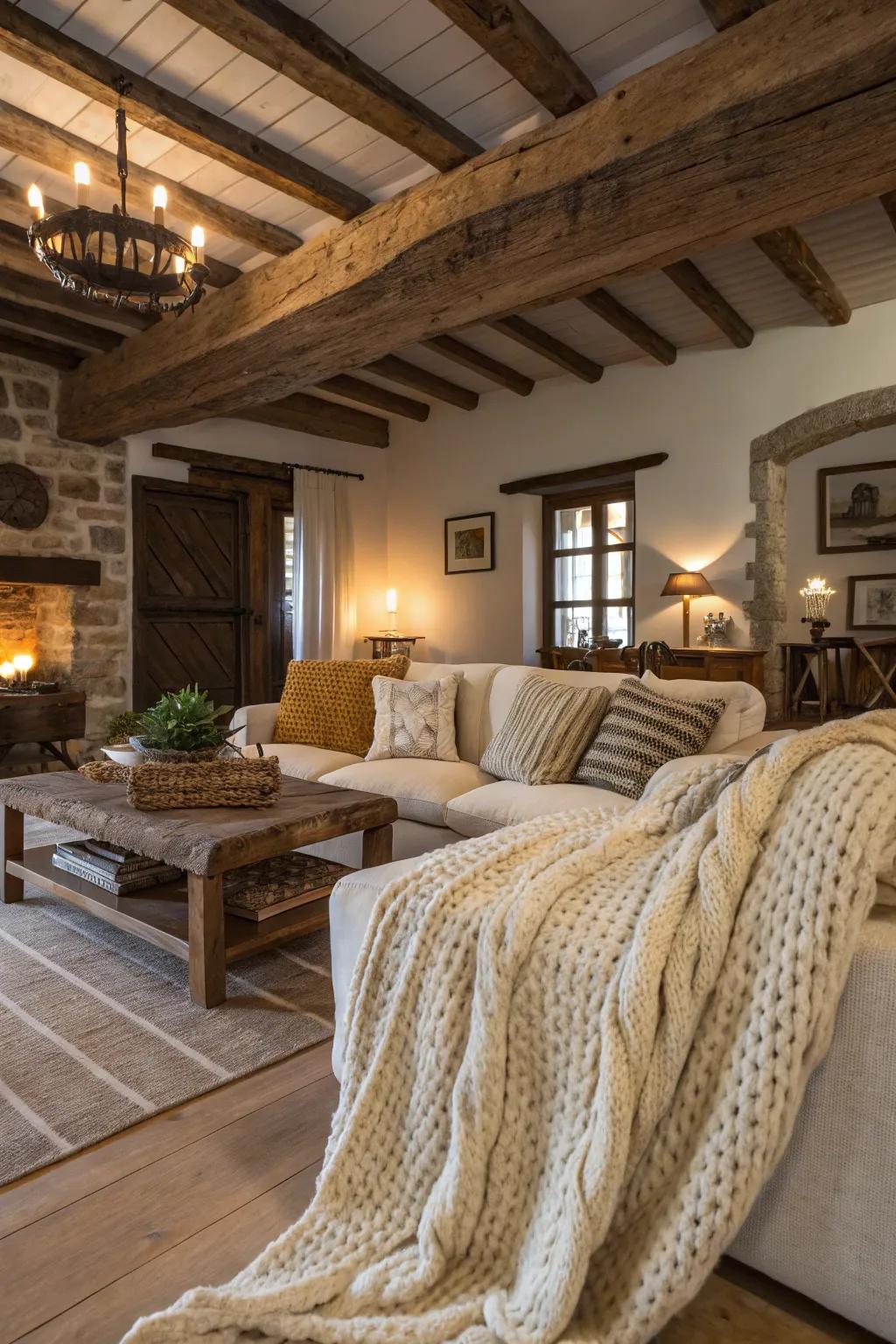 Bulky knit throws deliver warmth and coziness to countryside interiors.