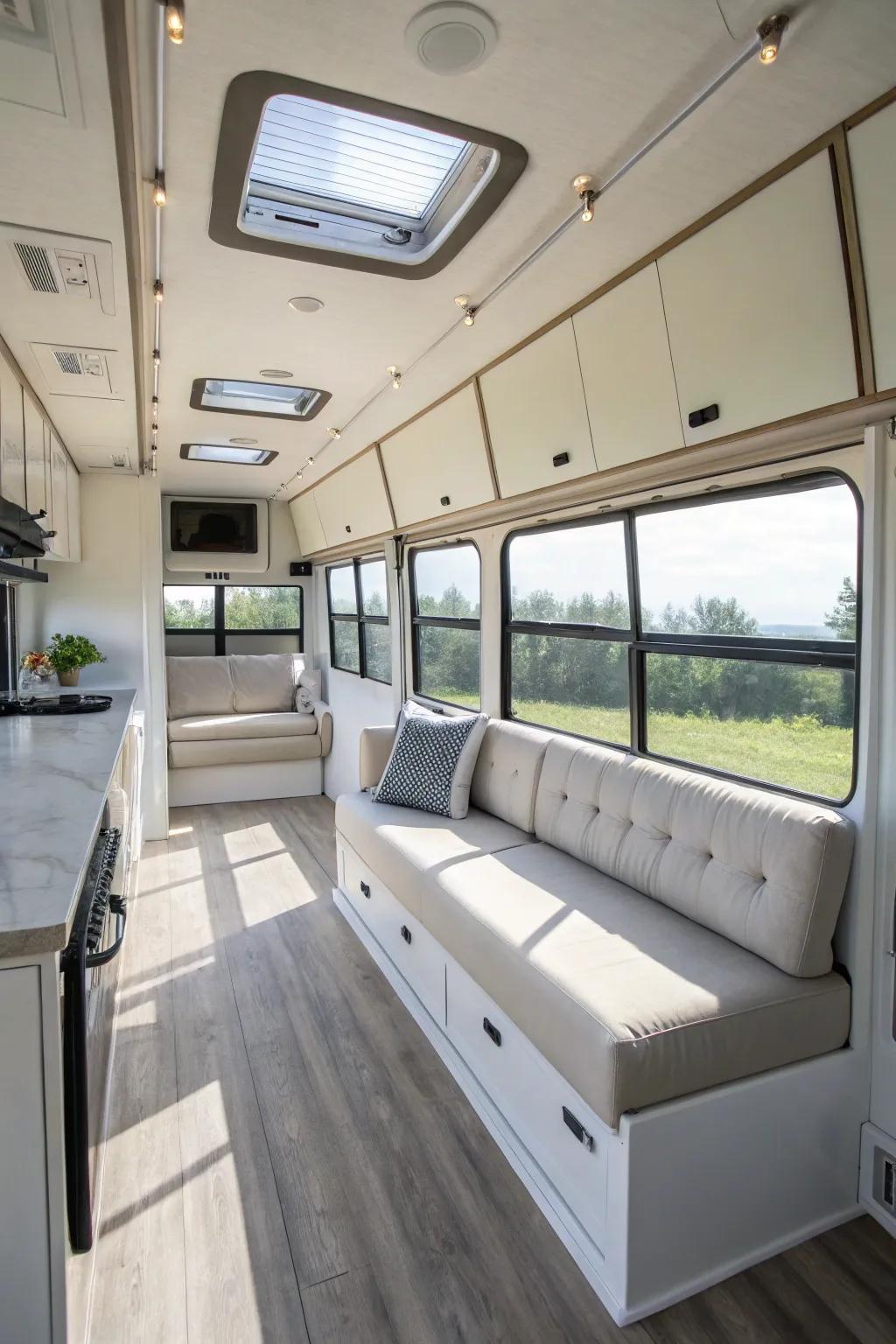 Floating sofas create an open and airy feel inside an RV.