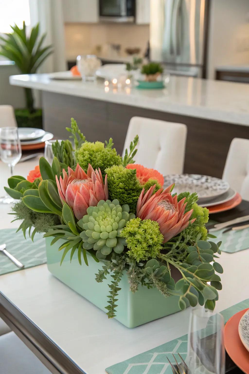 A vibrant and cheerful centerpiece uniting sage green with coral.