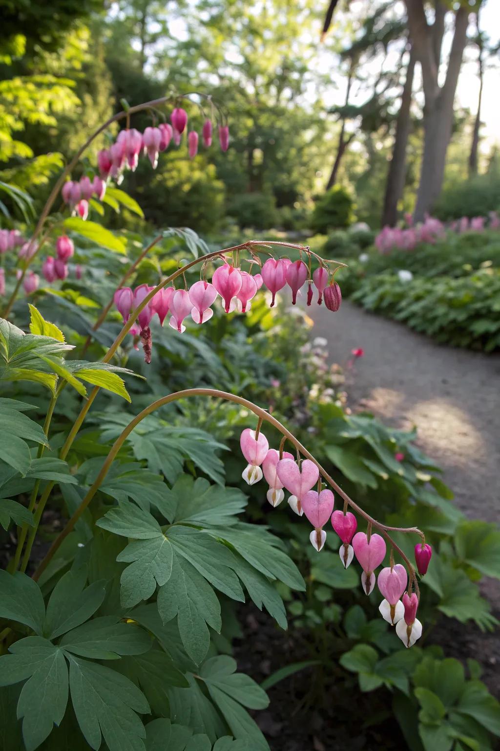 Bleeding hearts add a romantic touch to shaded gardens.