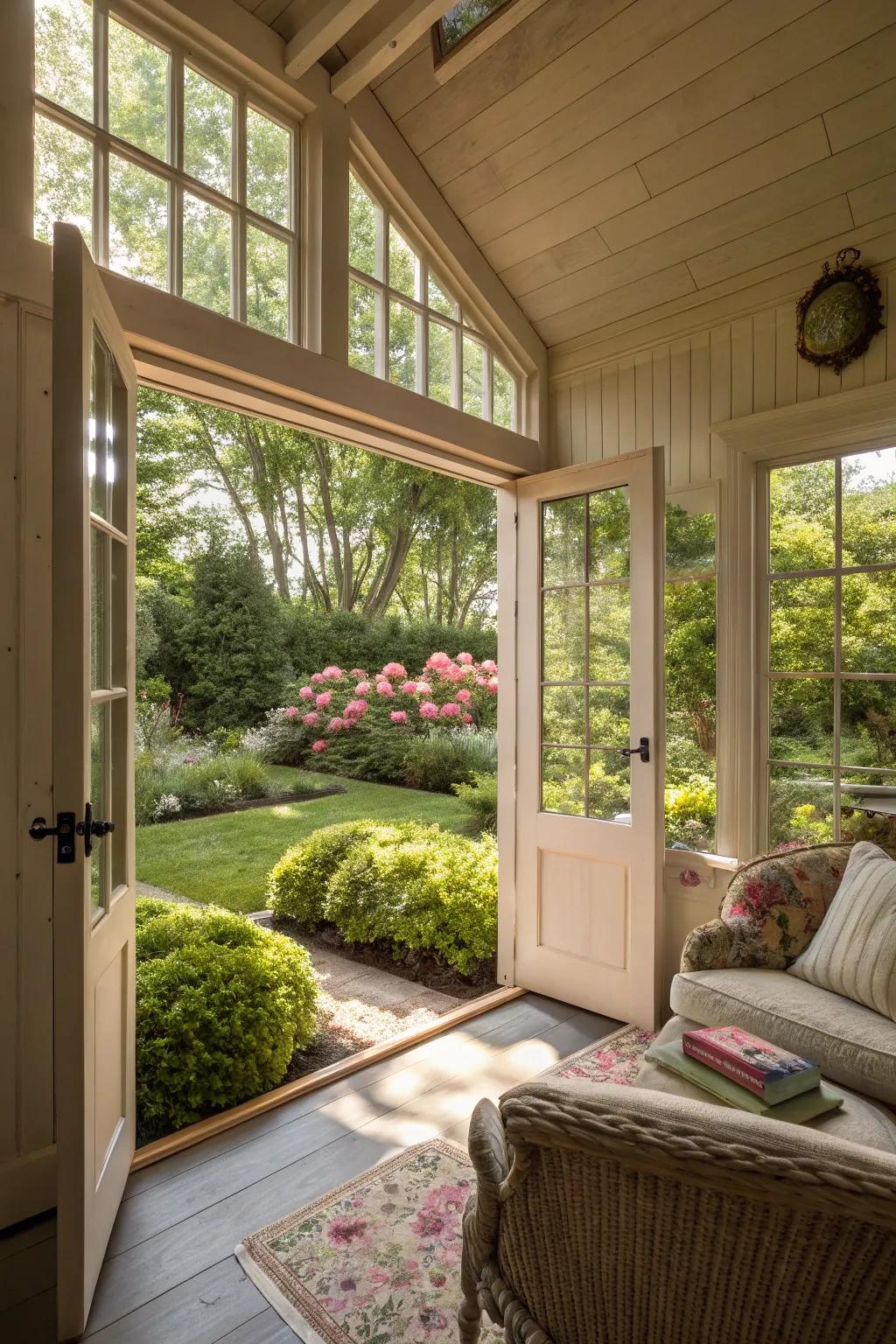 A she shed integrated beautifully with the outdoors.