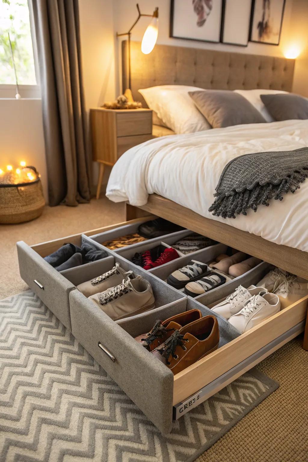 Maximize hidden storage with under-bed shoe solutions.