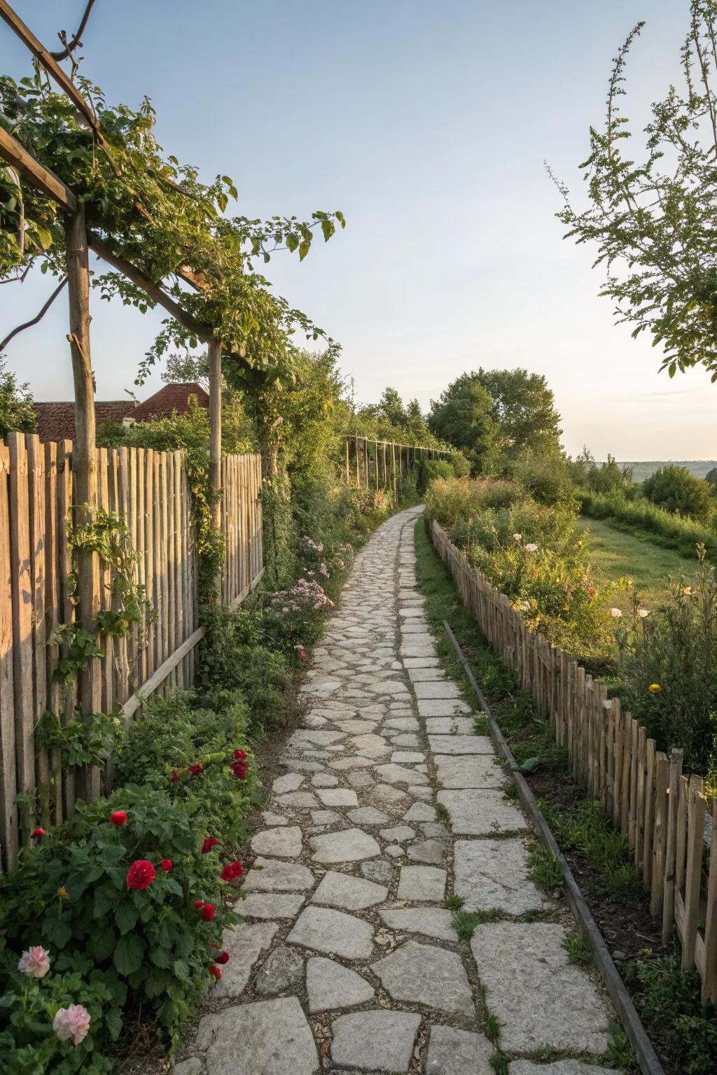 Stone pathways add elegance and functionality to fence line landscapes.