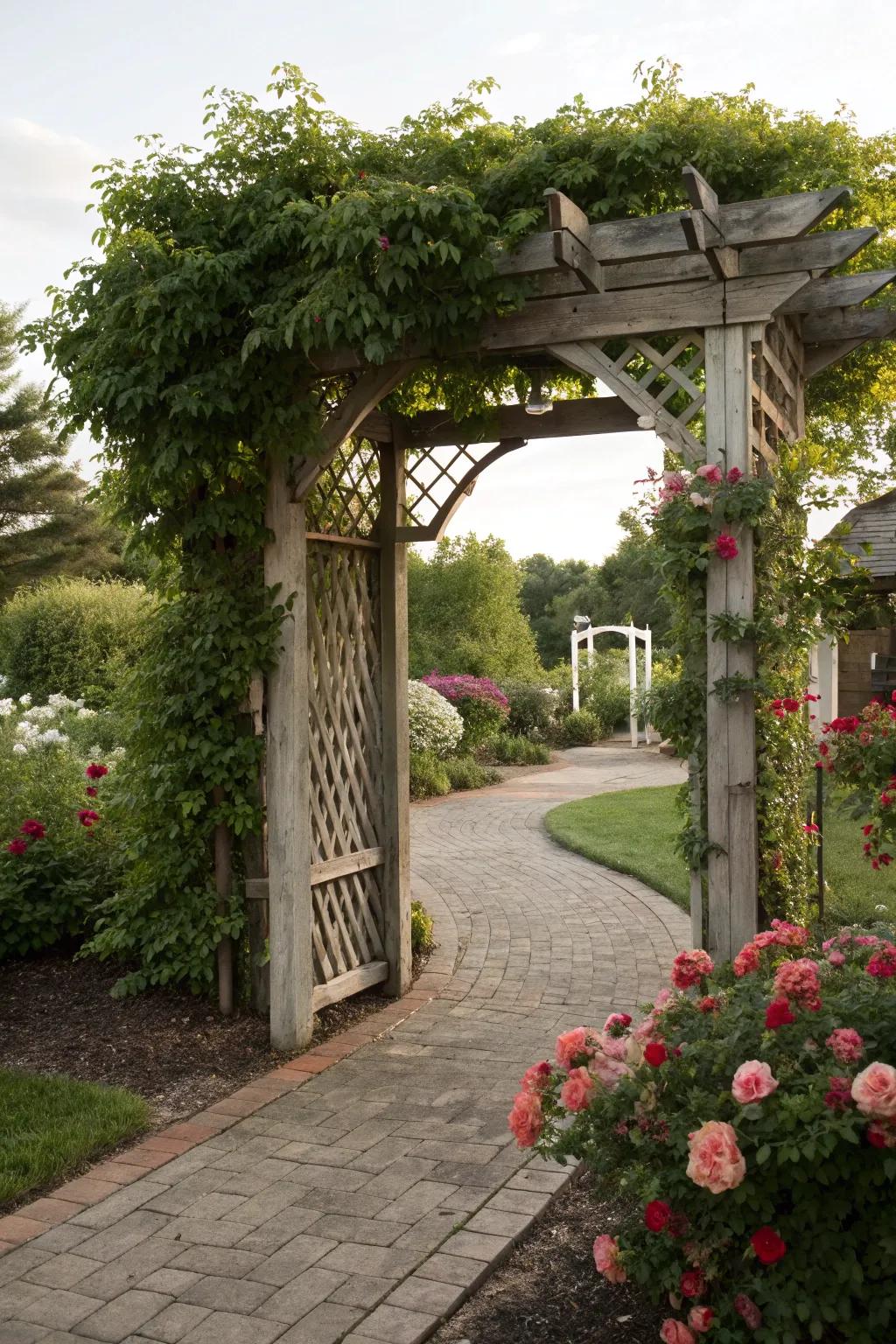 An arbor invites you into a beautifully designed side yard.