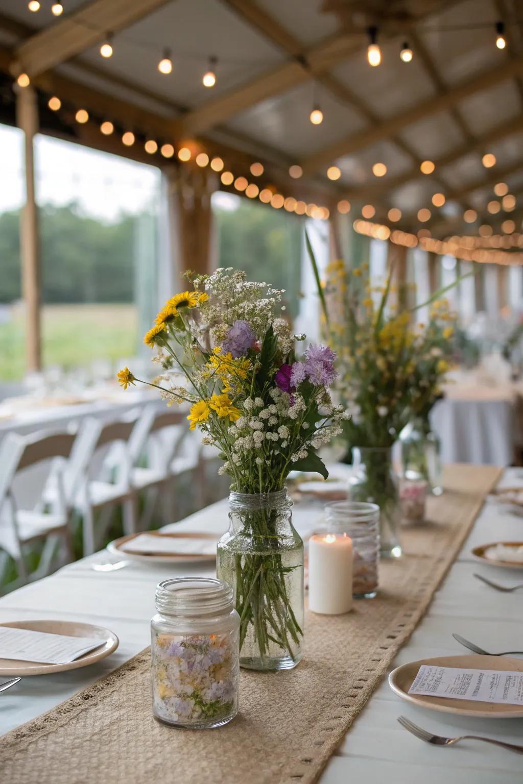 Mason jars filled with wildflowers for rustic charm.