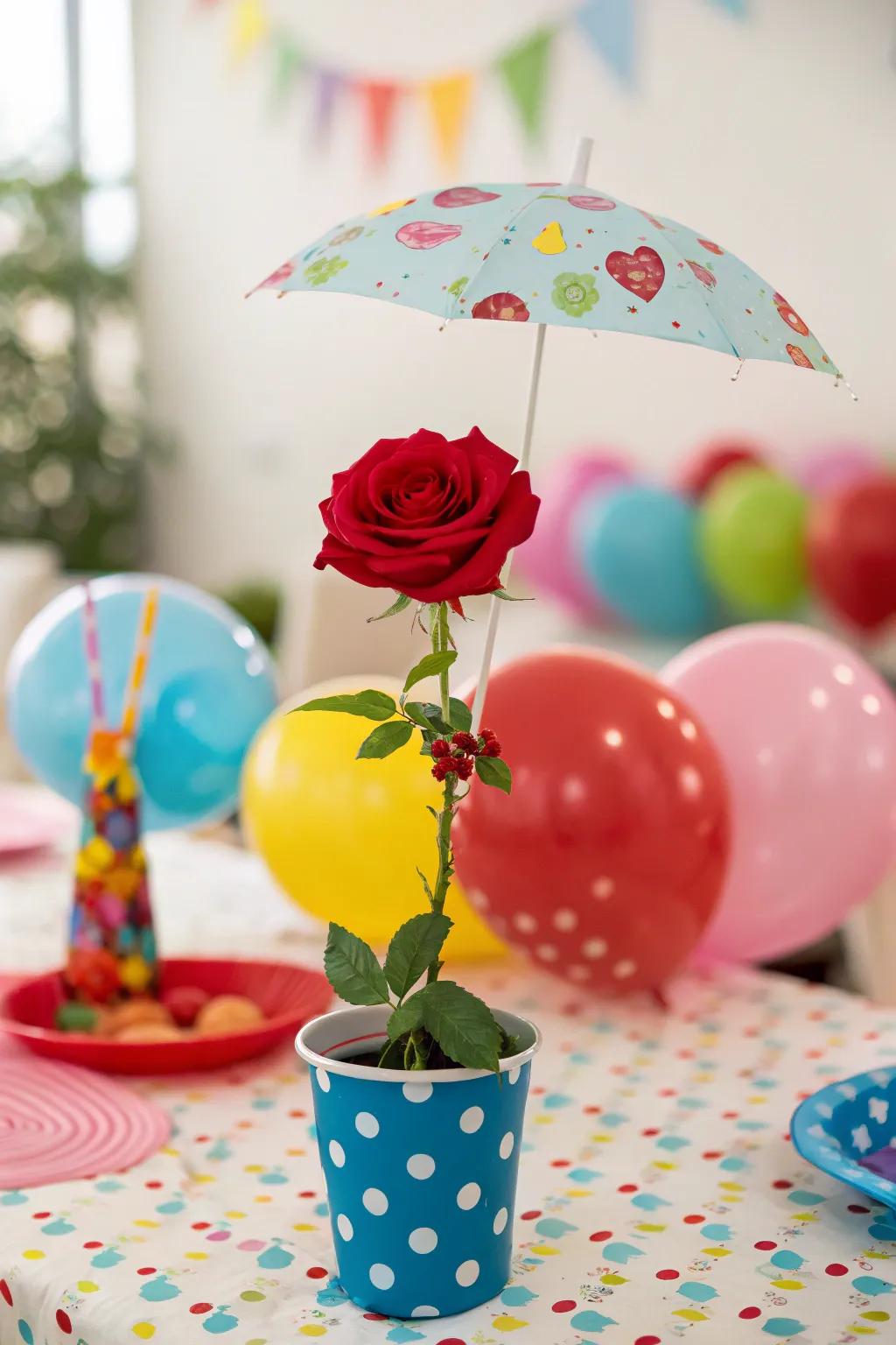 Positioning an umbrella over a rose crafts a whimsical and captivating effect.