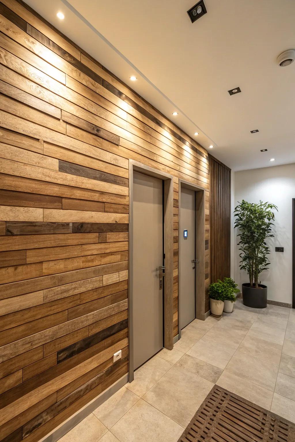 An entryway featuring a striking dual-tone wood slat accent.