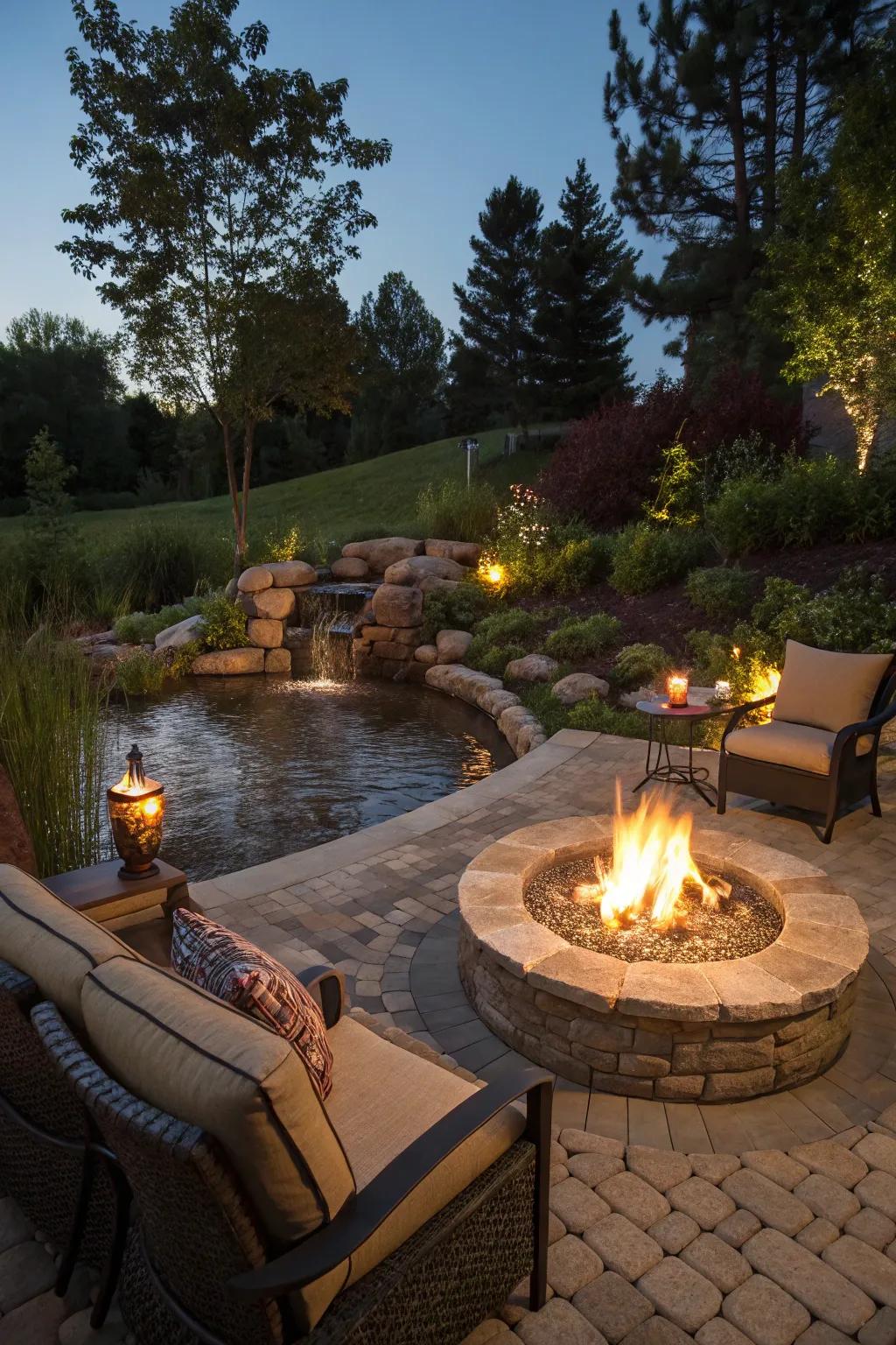 The combination of fire and water elements creates a visually stunning backyard.