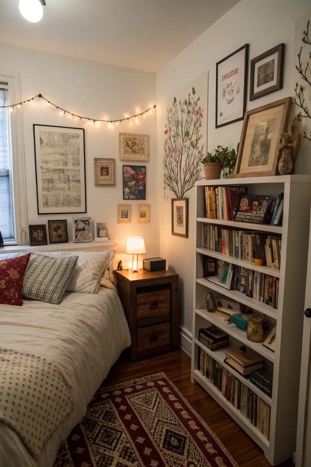 A small bedroom customized with books and art pieces for a personal touch.