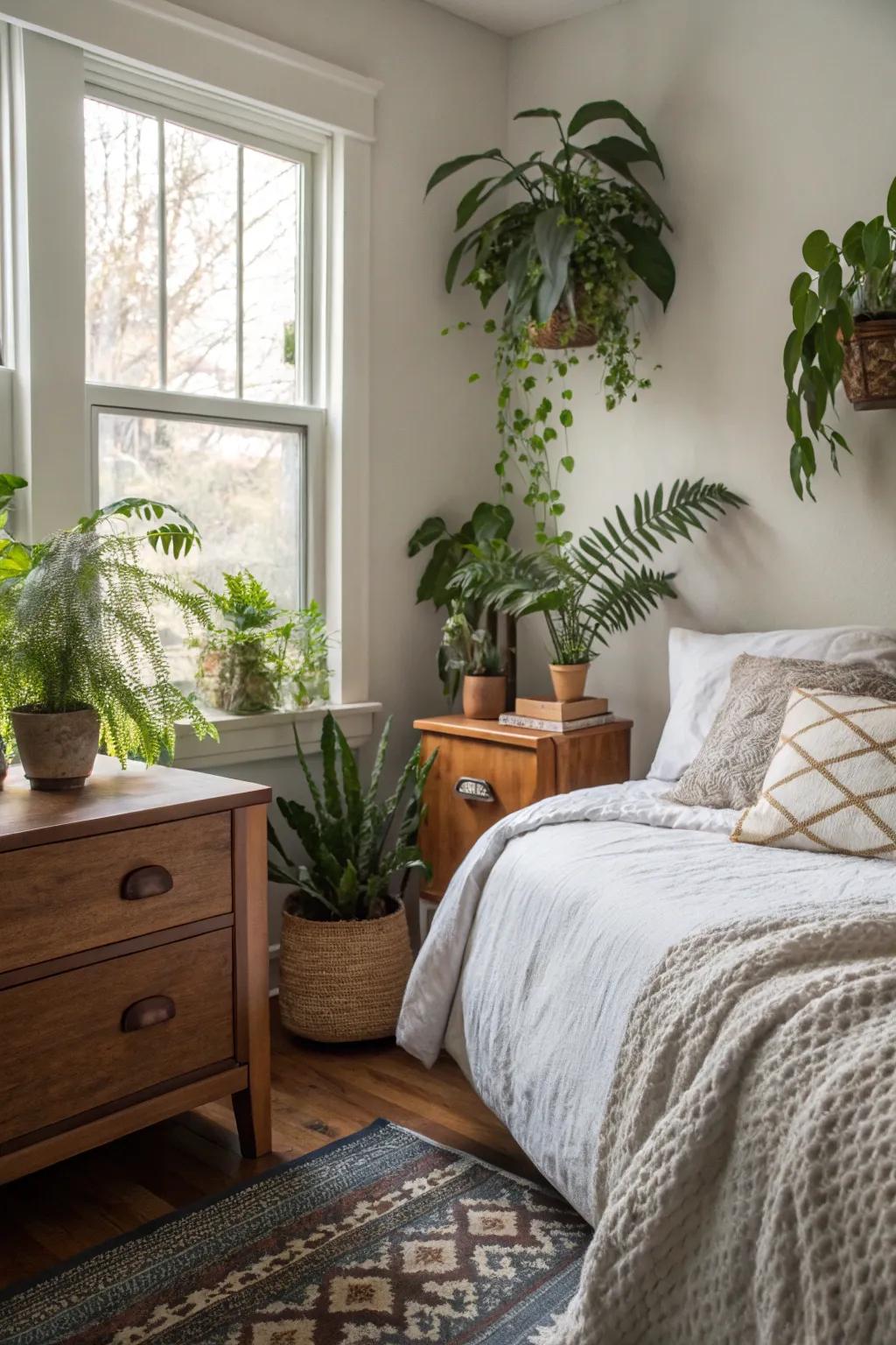 Indoor botanicals impart freshness to a compact primary bedroom.