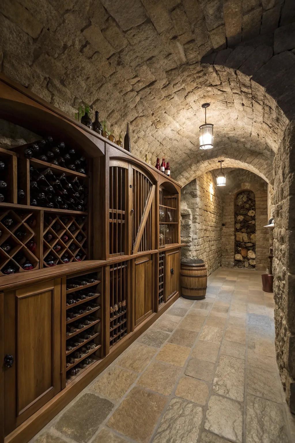 A wine cellar exuding old-world charm with rock walls.
