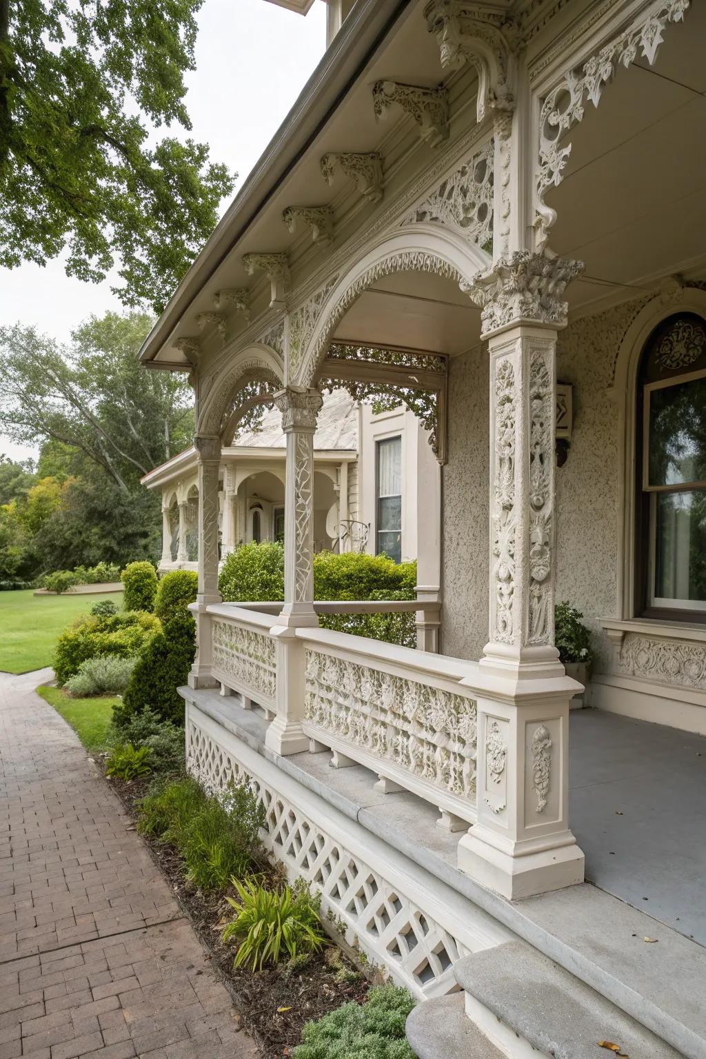 Distinctive architectural details impart personality to this stucco porch.
