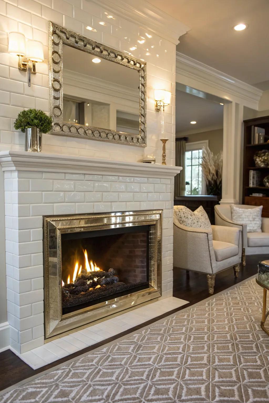 Metallic details impart a glamorous touch to this chic strip tile fireplace.