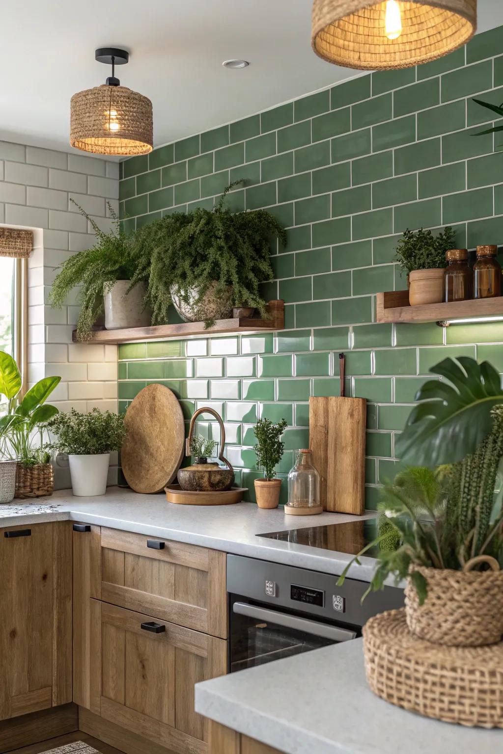 A revitalizing and organic vibe is introduced into this kitchen via verdant claddings.