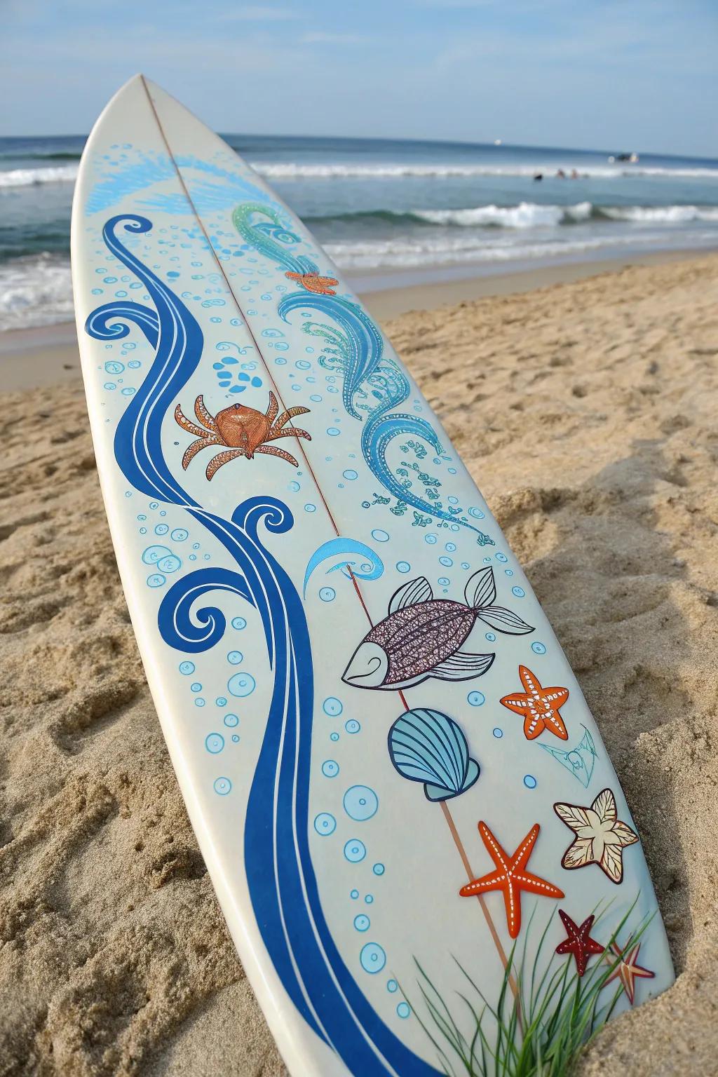 A board capturing ocean vibes with blue waves and sea life.