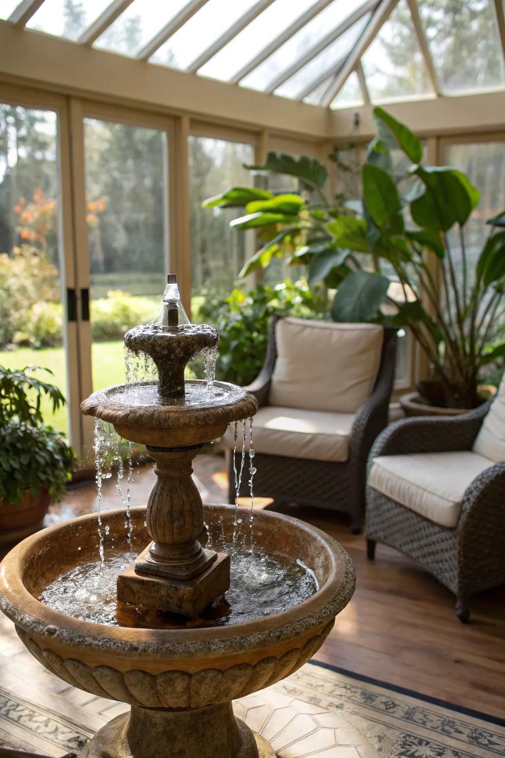 A small spring adds tranquility to this sunroom.