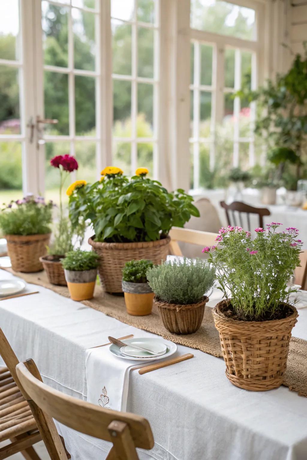 A garden-inspired table arrangement showcasing potted herbs and blossoms.