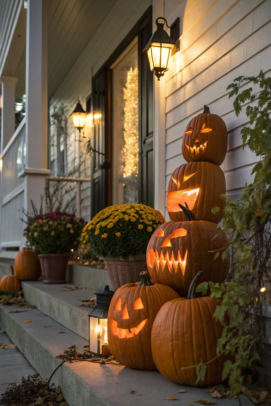 Create a haunting atmosphere with a gathering of ghostly faced pumpkins.