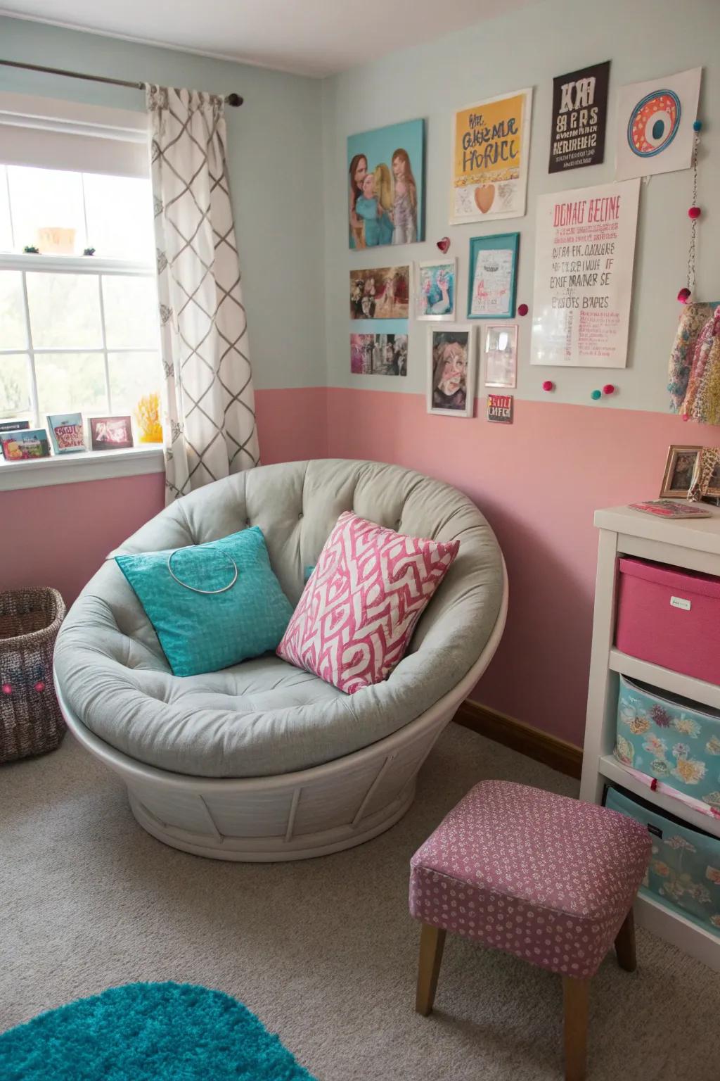 A chic seating area creates the perfect spot for friends or relaxing in a teen girl's bedroom.
