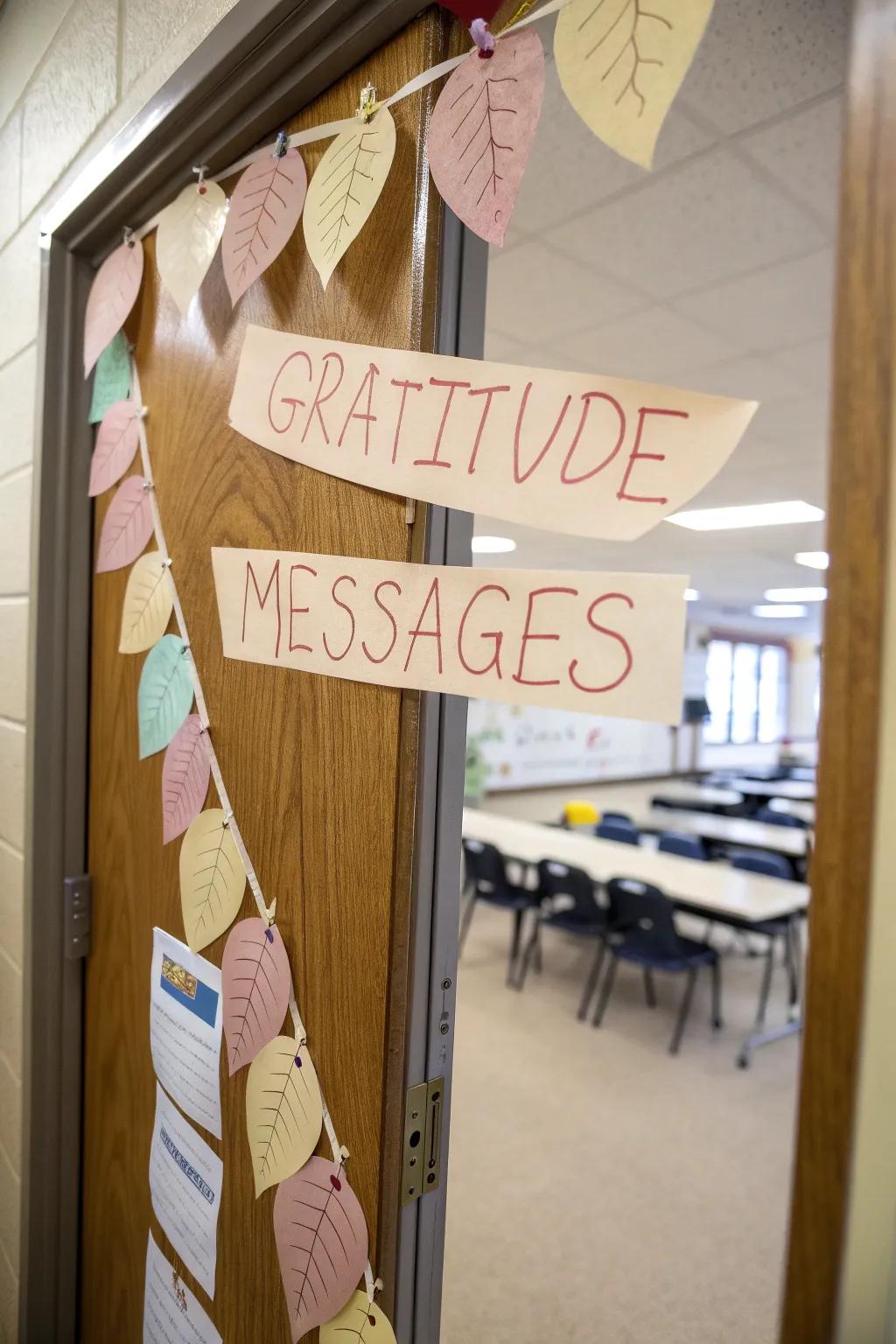 A gratitude garland display, adorned with students' thankful messages.