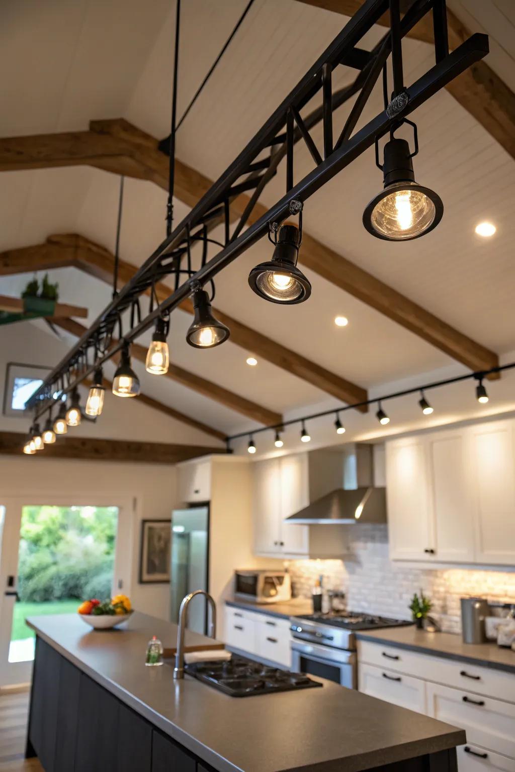 Track lighting accentuating architectural features in a kitchen