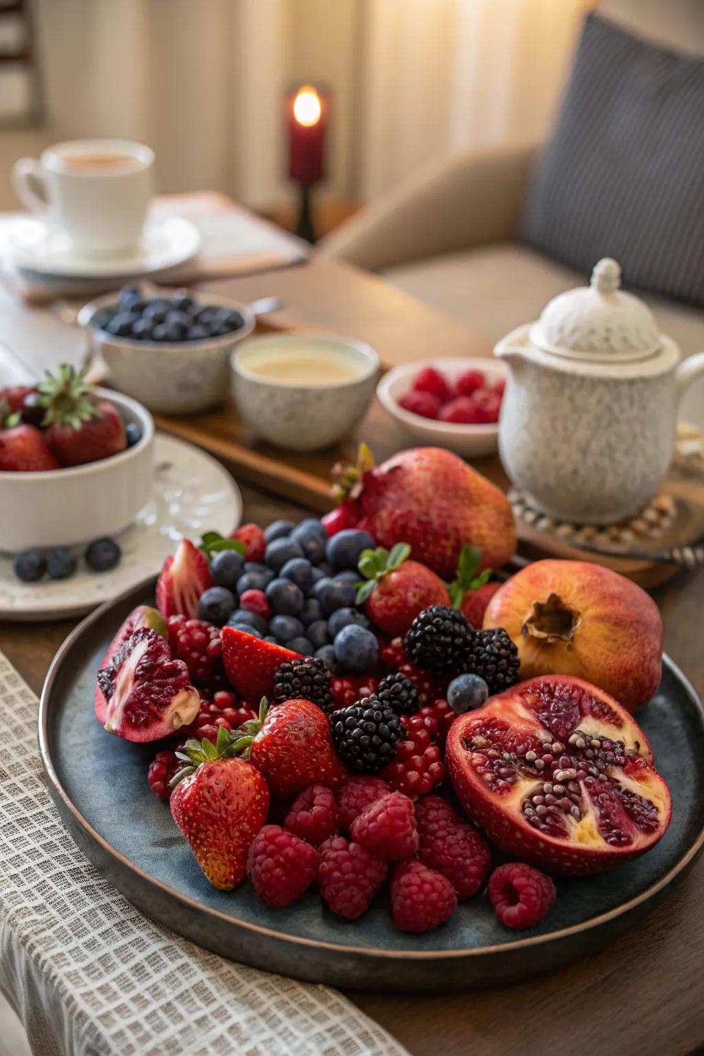 A vibrant seasonal fruit platter featuring berries and pomegranate.