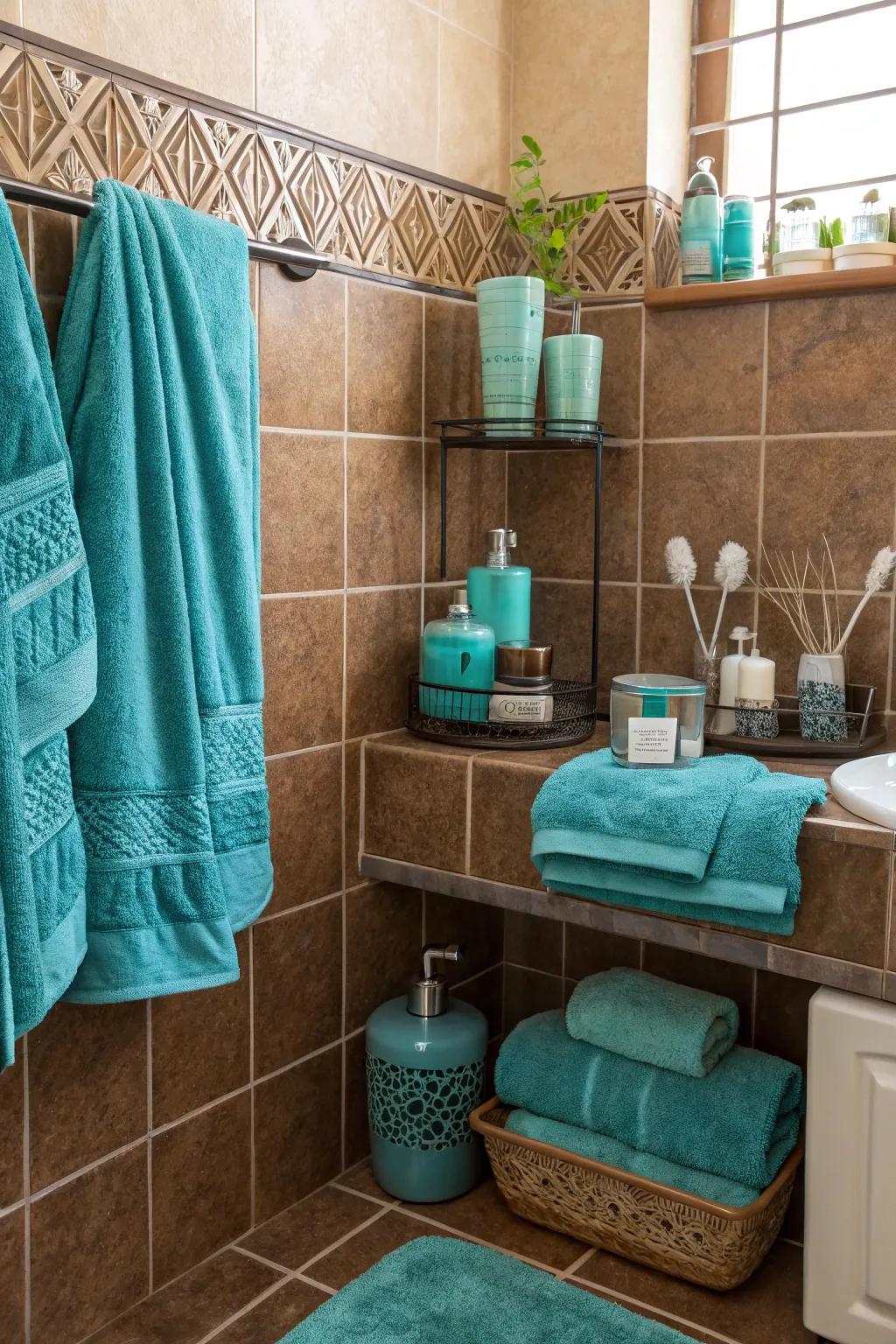 Highlight colors like teal bring vibrancy to vintage brown tiles.