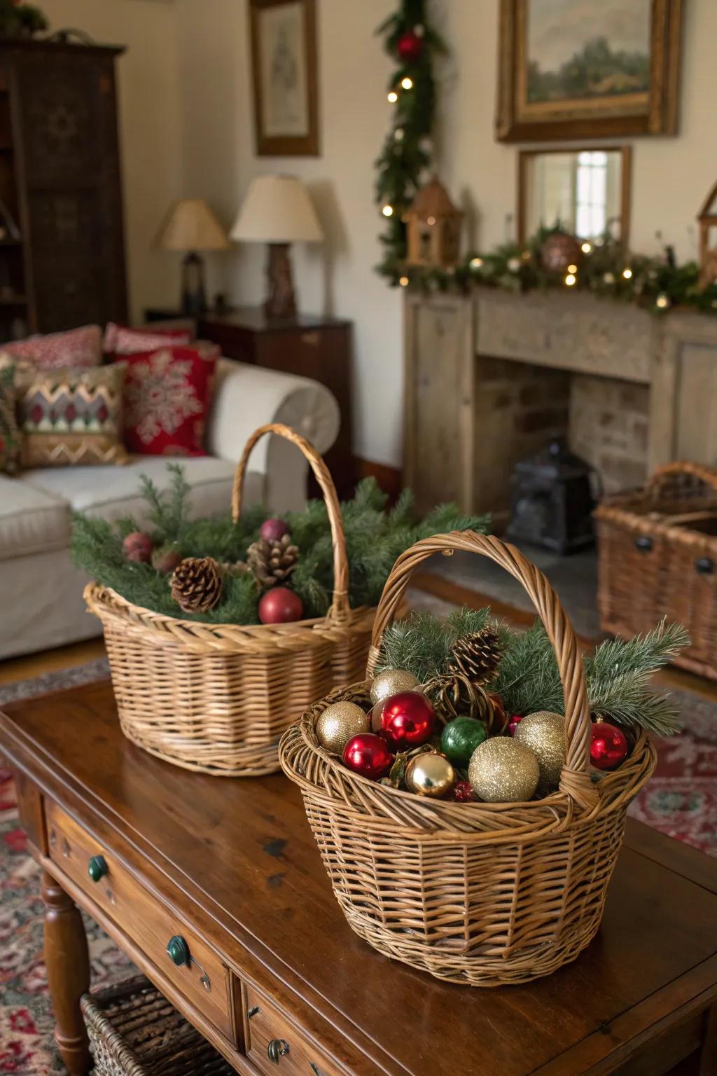 Wicker baskets append countryside allure to your holiday decorations.