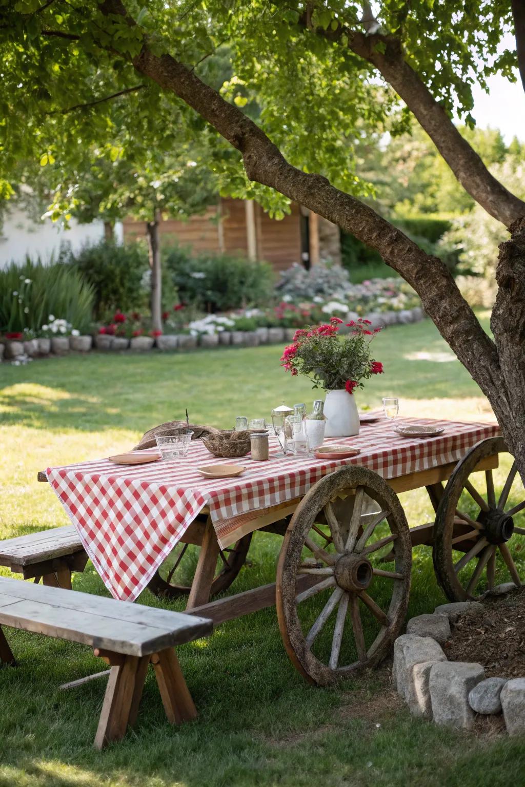 An outdoor picnic surface featuring cartwheels as its supports, providing rural flair.
