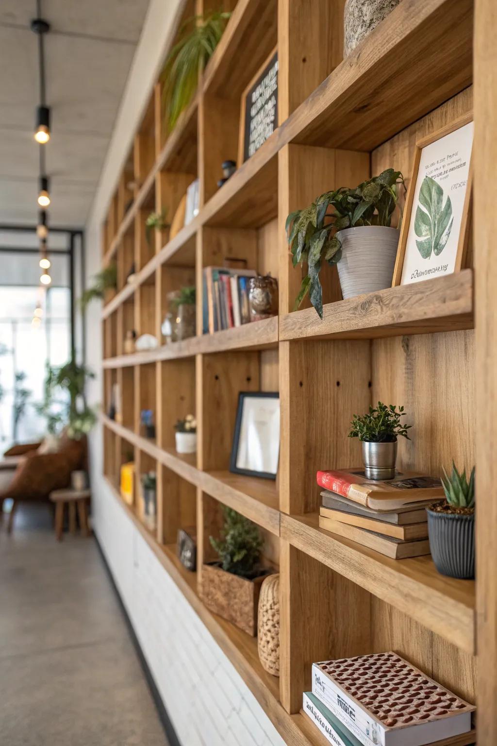 Mix style and functionality using wooden shelves.
