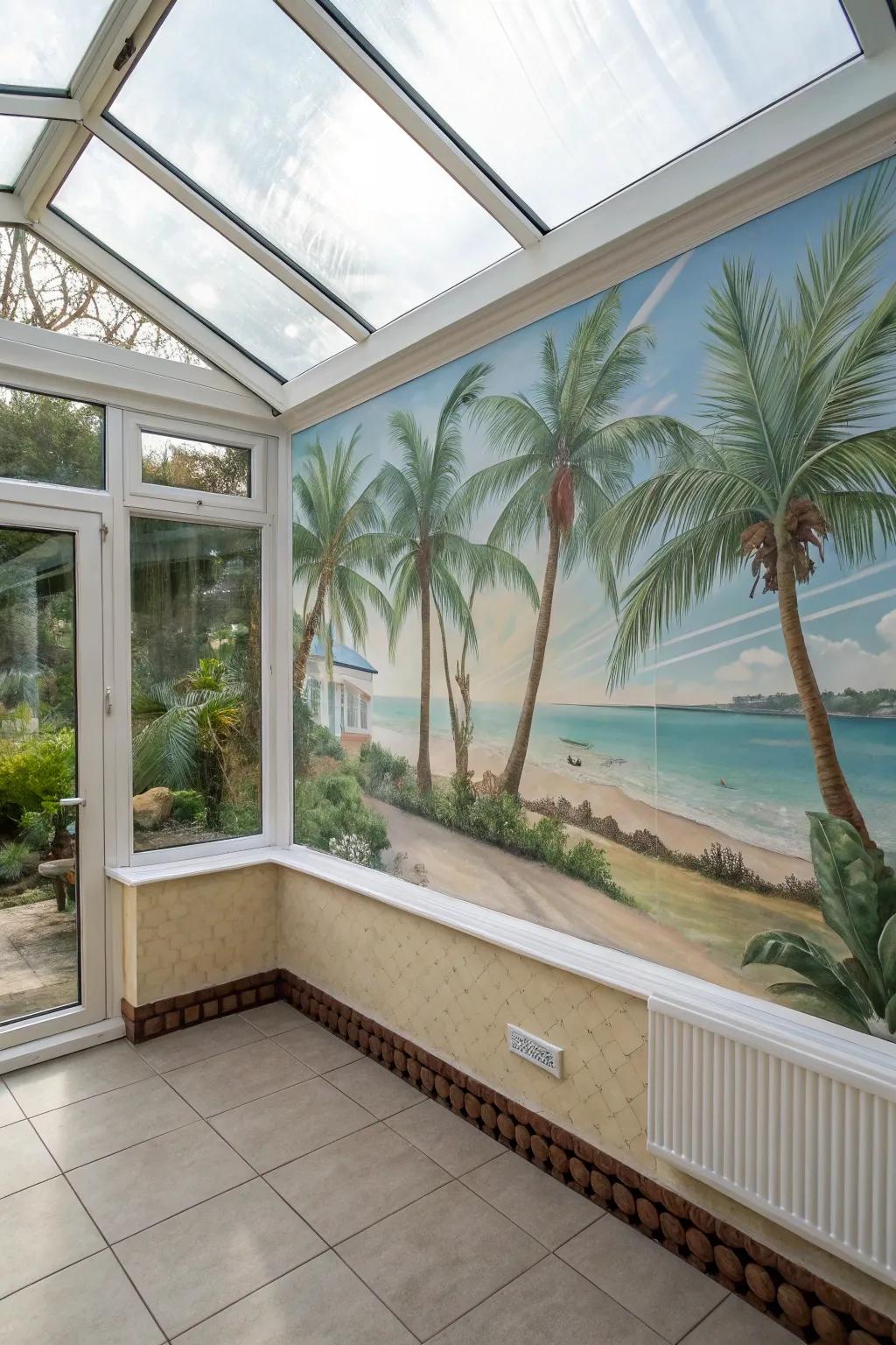 Create a vacation vibe with a tropical mural in your sunroom.